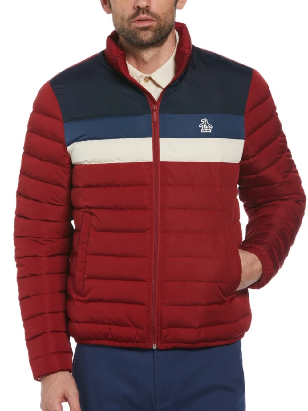 NEW mens ORIGINAL PENGUIN PUFFER JACKET MEDIUM red blue slim fit water resistant